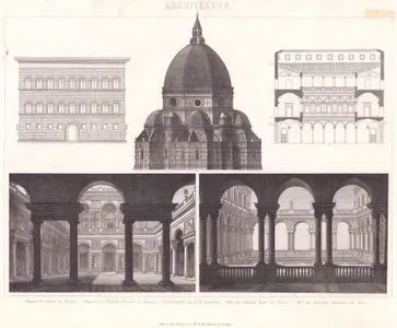 Architektur (Frührenaissance in Florenz und Rom - Early Renaissance in Florence and Rome) 1. Kuppel des Domes zu Florenz (Dome of the Cathedral of Florence) 2. Façade des Palastes Strozzi zu Floren (Façade of the Palazzo Strozzi in Florence) 3. Durchschnitt des Hofes desselben (Section of its Courtyard) 4. Hof des Palastes Sauli zu Genua (Courtyard of the Palazzo Sauli in Genoa) 5. Hof des Palastes Borghese zu Rom (Courtyard of the Palazzo Borghese in Rome)