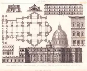 Architektur (Petersdom und Römische Palaste - St. Peter’s Basilica and Roman Palaces) 1. Grundriss (Ground plan) 2. Seitenansicht der Peterskirche (Side view of St. Peter’s Basilica) 3. Palast der Cancellarien (Bramante) (Palace of the Chancery (Bramante)) 4. Kleiner Palast (Peruzzi) (Small Palace (Peruzzi)) 5. Theil der Facade des Palastes Farnase (Sangallo und Michel Angelo), Sammtlich in Rom (Part of the façade of the Palazzo Farnese (by Sangallo and Michelangelo), all located in Rome) 6. Schloss Caprarola Zno Rom und Vitero (Castle of Caprarola near Rome and Viterbo) 7. Villa (Palladio)