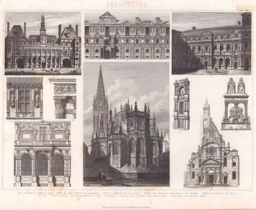 Architektur (Französische Spatrenaissance und Frühbarock - Late Renaissance and Early Baroque in France) 1. Chor der Kirche St.Pierre zu Paris (Choir of the Church of St. Pierre in Paris) 2. Hotel de Ville (The City Hall (Hotel de Ville) 3. Theil des Louvrehofs (A part of the Courtyard of the Louvre) 4. Galeria Heinrich`s IV. im Louvre (Gallery of Henry IV in the Louvre) 5. Theil von Delorme`s Gartenfacade der Tuilerin (Part of Delorme's garden façade of the Tuileries Palace) 6. Kirche St. Etienne du - Mont in Paris (Church of Saint-Etienne-du-Mont in Paris) 7.  Theil der Facade des Stadthauses zu Orleans  (Part of the façade of the Town Hall of Orleans) 8. Grabmal Ludwig`s XII. (Tomb of Louis XII) 9. Portal von Schloss  Anet (Portal of the Chateau d’Anet) 10. Delorme`s Franzosische Saule (Delorme’s French Column)