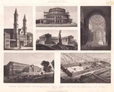Architektur (19. Jahrhundert, Öffentliche Bauten - 19th Century Public Buildings) 1.Ludwigskirche (Ludwig Church) 2. Sanct-Michaels-Hofkirche (St. Michael’s Court Church) 3. Bairische Ruhmeshalle mit Bavaria in München (Bavarian Hall of Fame with the “Bavaria” statue in Munich) 4. Hoftheater in Dresden (Abgebrannt 1869) (Court Theatre in Dresden (burned down in 1869)) 5. Ausstellungspalast von 1855 (Exhibition Palace of 1855) 6. Louvre und Tuilerien in Paris (Louvre and Tuileries in Paris)