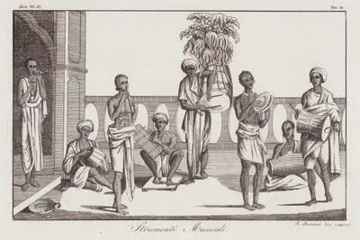 Strumenti Musicali, Asia Vol. III Tav.50. (Indian Musicians With Musical Instruments. Man playing Bell and Conch Shell (Sankh and Ghanta), Bansi Flutist, Surmandal Player, Dholak Drummer, Kartal Cymbalist, Dhak Drummer and Jagajhampa Percussionist.)
