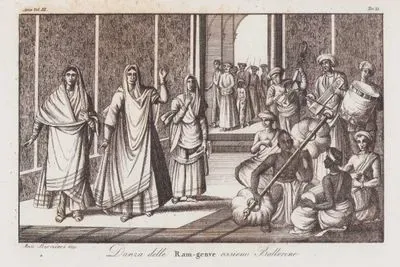 Danza Delle Ram-genve Assieno Ballerine, Asia Vol. III Tav.51. (Nautch or Ramjani Girls Dancing to Music From Kuplyans or Bin, Dhol Drums, Tabla, and Other String and Percussion Instruments)