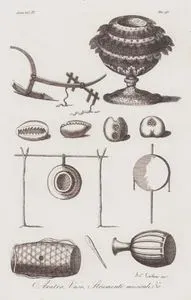 Aratro, Vaso, Strumenti Musicali & c., Asia Vol. IV Tav.90. (Musical Instruments, Plow, Vase And Money From the Kingdom of Siam (Thailand))
