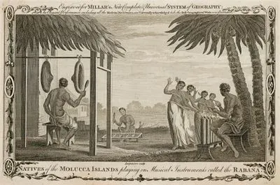 Natives Of The Molucca Islands Playing On Musical Instruments Called The Rabana