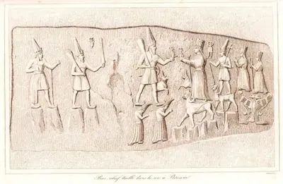 Bas-relief taille dans le roc a Pterium (Bas-relief of Storm-god Teshub and Sun-goddess Hebat from Yazilikaya Sanctuary Near Hattusa (Boǧazkale, Çorum), Capital of the Hittites)