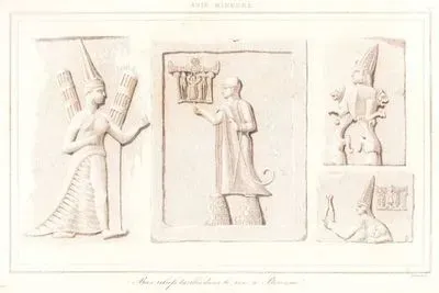 Bas-reliefs Taille's Dans le Roc a Pterium (Rock Reliefs from Yazilikaya Sanctuary Near Hattusa (Boǧazkale, Çorum), Capital of the Hittites 1. Shaushka (Goddess of Love and War) 2.King Tudhaliya IV. 3.Nergal (God of the Underworld) 4. God Sharruma (Son of the Thunder God Teshub) and King Tudhaliya)