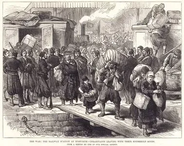 The War: The Railway Station at Rustchuk - Inhabitants Leaving with Their Household Goods