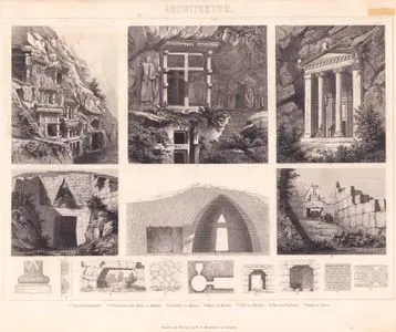 1.,2.,3. Lykische Felsgraber (Lycian Rock Tombs in the Ancient City of Myra, Demre, Antalya and Amyntas Rock Tomb, Fethiye), 4-10. Schatzhaus des Atreus zu Mykene (Entrance and Interior Architecture of the Tholos Tomb (Treasury of Atreus) in Mycenae), 11. Löwenthor zu Mykene (Lion Gate at Mycenae), 12. Mauer zu Mykene (Wall at Mycenae), 13. Thor zu Phigalia (Gate at Phigalia), 14. Thor zu Amphissa (Gate at Amphissa), 15. Grang zu Samos (Entrance (or gallery) at Samos)