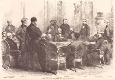 The Council Of War at Paris- Around The Table, Admiral Sir Edmund Lyons, Admiral Hamblin, Admiral Sir R. Dundas, General de La Marmora, General Bosquet, Prince Napoleon, Duke of Cambridge, The Emperor, Prince Jerome Bonaparte, General Canrobert and Sir Harry Jones