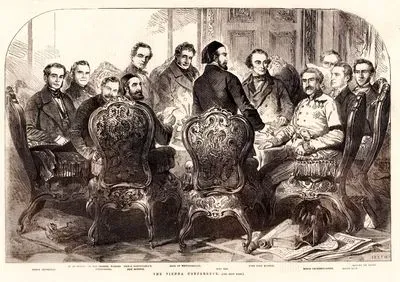 The Vienna Conference-Around The Table, Baron Meysenbug, M.De Titoff, Turkish interpreter M.Von Hammer, Prince Gortschakoff, Arif Effendi, Earl of Westmoreland, Riza Bey, Lord John Russell, Baron Prokesch Osten, Count Buol and Drouyn de Lhuys