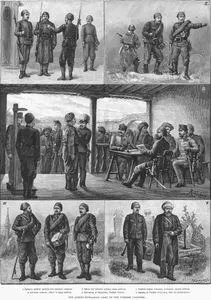 The Austro Hungarian Army on the Turkish Frontier 1.Infantry Soldiers' Uniform and Overcoat, Sergeant in Full Dress Uniform, Officer in Camp Uniform 2.Officer and infantry Soldiers, Camp Uniform 3.Recruiting At Bangaluka, Turkish Croatia 4.Tambour Major, Drummer, Trumpeter, Parade Uniform 5.Imaum or Turkish Clergyman With His Koran Bearer