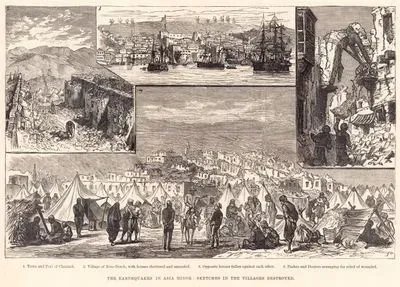 The Earthquakes in Asia Minor, Sketches in The Villages Destroyed 1.Town And Port Of Chesmeh 2.Village of Reis Dereh, With Houses Shattered And Unroofed  
3.Opposite Houses Fallen Against Each Other 4.Pashas And Doctors Arranging For Relief Of Wounded