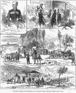 The War, Sketches From Erzeroum-Ferik Pasha, Son Of Schamyl, His Autograph-Packing Clothes Military Store Baiburt- Turkish Field & Siege Guns, Baiburt-Hauling 
Turkish Guns