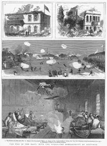The War İn The East-With The Turks-Bombardment Of Rustchuk-1.The British Consulate(June 26), 2. Ruins Government Offices, 3.Aspect Of The "Grande Place" 
During The First Few Moments Of The Bombardment (June 23) 4.Bursting Of A Shell in Military Hospital