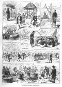 Sketches in The Turkish Camp, Rustchuk-A Sentry, Fetching Water, Guarding The Regimental Flag, Officers' Horses, Soldiers At Dinner, Breaking Off From Drill On 
Account Of Rain, Drilling Recruits, The Camp Kitchen, The Camp Berber