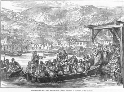 Sketches Of The War, Greek Refugees From Kavarna Embarking At Baltschik On The Black Sea