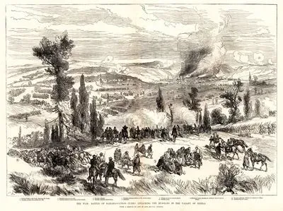 The War, Battle of Karahassankoi, Turks Attacking The Russian in The Valley Of Kizila-1.Nedjid Pasha And With Staff Directing The Battle 2.Turkish Cavalry Descending The Hill 3.English Surgeons At Work 4.Turkish Infantary Advancing At The Double 5.6.Turkish Infantary Skirmishing 7.Russian Infantry Hidden in The Woods Firing 8.Russians 9.Village On Fire in Several Places 10.Russian Guns 11.Russian Guns Playing on Achmed Eyoub And on Village 12.Russian Infantary Hidden At Entrance To Village 13.Achmed Eyoub's Guns