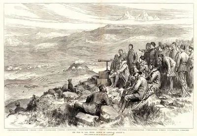 The War in Asia Minor, Battle of Jahnilar, 18 August-1.Moukhtar Pasha, Turkish Commander in Chief 2.Rashid Pasha 3.Ali Pasha 4.Baron Schluga(Austrian) 5.Chevket Pasha 6.Aarif Bey(Secretary) 7.Chevket Bey(Superintendent Of Telegraphs) 8.Hassan Pasha 9.Mr.Charles Williams 10.Mr.O'Donovan 11.Turkish Position On Hill With Guns 12.Turkish Troops On Terrace 13.Skirmishers 14.15.Russian Batteries 16.Russian Infantry