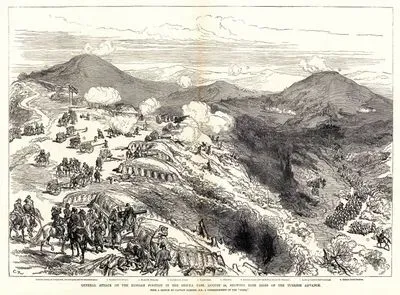General Attack On The Russian Positions in The Shipka Pass, August 24, Showing Both Sides Of The Turkish Advance-Turkish Battery in Foreground Six Field Guns And Five Mountain Guns 1.Turkish First Division 2.Mount St.Nicholas 3.Turkish Left Attack 4.Shipka Road 5.rite pite?? 6.Russian Centre (1500 Yards From Mount St.Nicholas) 7.Artillery Limbers Tied To Stumps 8.Turkish Third Division