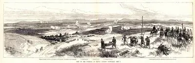 View Of The Positions At Plevna, Looking South East September 9, Village of Grivitza(Or Grivica) in The Hollow Of Left Foreground. The Balkans in The Background 
1.Turkish Redobts 2.Russian Batteries 3.Romanian Batteries