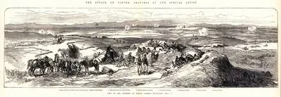 View Of The Positions At Plevna, Looking South West September 13, Village of Grivitza Behind The Hill Of Left Background. Balkans in The Distance 1.Rifle-Pits On The Hills Against Gravitza 2.Russian infantry Advancing 3.Romanian infantary 4.Romanian Battery 5.Turkish Redoubts 6.Turkish Battery