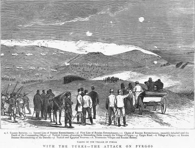 With The Turks-The Attack On Pyrgos-Taking Of The Village Of Pyrgos-a.b.Russian Batteries c.Second Lines Of Russian Entrenchments d.First Line Of Russian Entrenchments e.Chains Of Of Russian Entrenchments, Staunchly Defended Unti The Death Of Commanding Officer f.Turkish Column Advancing in Skirmishing Order Towards The Village Of Pyrgos g.Pyrgos Road h.Village Of Pyrgos i.Russian Steamer Reconnoitring On The Danube j.Turkish And Egyptian Reserves k.Roumanian Villages And Russian Battery
