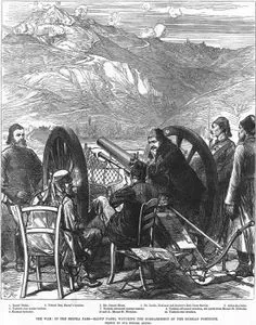 The War, in The Shipka Pass, Raouf Pasha Watching The Bombardment Of The Russian Positions-1. Raouf Pasha 2.Ushref Bey, Raouf's Brother 3.Mr.Consul Blunt 4.Dr. Leslie, National Aid Society's Red Cross Service 5.Aides de Camp 6.Turkish Rear Centre Battery 7.Turkish Advanced Mortar Battery 8.Turkish Advanced Trenches, 400 Yard From Mount St.Nicholas 9.Russian Batteries 10.11.Mount St.Nicholas 12.Turkish Rear Trenches