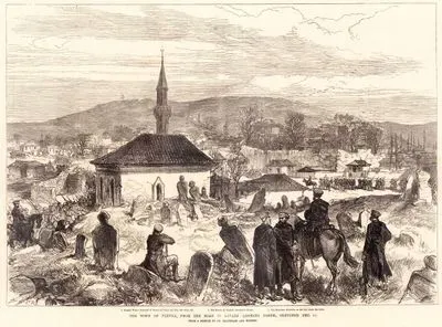 The Town Of Plevna, From The Road To Lovatz (Looking North), Sketched 11 December-1.Ruined Walls, Remains Palace of Ghazi Ali Bey, 400 Years Old-2.The Konak, 
Turkish Governor's House-3.The Krischina Redoubt On The Hill Above The Town