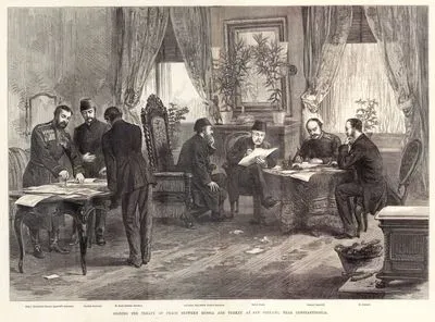 Signing the Treaty of Peace Between Russia And Turkey At San Stefano, Near Constantinople-Prince Tzereteleff, General Ignatieff Secretary- Turkish Secretary- Mr.Basil, Russian Secretary-Sadoullah Bey Safvet Pasha's  Secretary-Safvet Pasha-General Ignatieff-M.Nelidoff