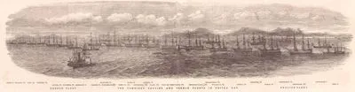 The Combined English And French Fleets in Besika Bay-Caton, Modeste, Sane, Mogador, Bayard, Napoleon, Firebrand, Caradoc, Magellan, Charlemagne, Henri IV, Tiger,Montebello, Sampson, Valmy, Ville de Paris (Flag), Britannia (Flag), Bellerophon, Vengeance, Rodney, Arethusa, Albion, Retribution, Trafalgar, Inflexible, Fury