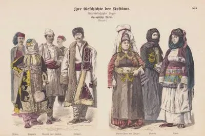 Folk Dress in European Turkey, Late 19.Century- Skodra, Prizren, Arnauts (Albanians) from Janina, Bulgar-Kirdish Woman From Juzgat, Preveza, Chios