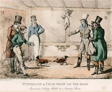 Putting-Up A Cock-Fight On The Road-A Private Cocking Match in A Country Barn