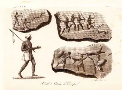 Vesti A Armi D'Etiopi, Africa Vol.III. Tav.1. (Animal Hunting and Weapons of Ethiopians)
