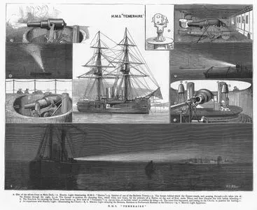 H.M.S. "Temeraire"-1.One Of The 18 Ton Guns On Main Deck 2.Electric Light illuminating HMS"Hector" 3.Interior Of One Of The Barbette Towers 4. Bow View Of "Temeraire" 5. 25 Ton Gun, En Barbette, Raised in Position For Firing 6.The Same Gun Depressed And Resting On The Chocks in Position For Loading 7.An Experiment With Electric Light, illuminating The Clouds 8.Electric Light Sweeping The Horizon, Entrance To Portsmouth Harbour in The Distance 9.Electric Light Apparatus