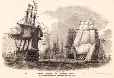 The British Squadron In The Dardanelles, "Racer", "Howe", "Vengeance", "Bellerophon", "Odin", "Prince Regent", "Caledonia", "Queen", "Powerful", "Dragon" and  "Bulldog"