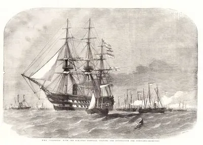 H.M.S. "Colossus" With The Gun Boat Flotilla Leaving The Motherbank For Portland