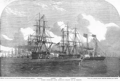 Fleet Forming Line Abreast, "Terrible", "Valorous", "Leopard", "Odin", "Highflyer", "Imperieuse", "Edinburgh", "Blenheim", "Wellington", "Magicienne", "Fairy", "Agamemnon", "Hogue", "Ajax", "Arrogant", "Tribune", "Desperate", "Encounter", "Sidon" and "Vesuvius"
