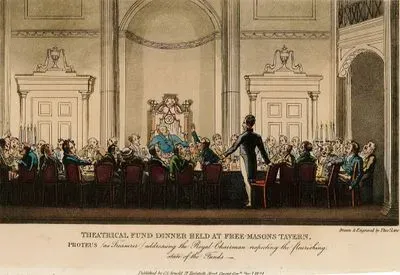Theatrical Fund Dinner Held At Free-Masons Tavern - Proteus( As Treasurer) Adressing The Royal Chairman Respecting The Flourishing State Of The Funds