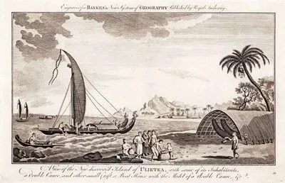 A View Of The New Discoverd island Of Ulietea, With Some Of its inhabitants, A Double Canoe, And Other Small Craft, A Boat
 House With The Model Of A Double Canoe, & C.