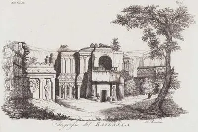Ingresso Del Kailassa, Asia Vol.III. Tav.37. (Entrance to the Kailasa Temple, The Ellora Rock-cut Hindu Temple Caves, in Maharashtra, India)