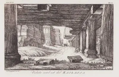 Veduta Nord-est Del Kailassa, Asia Vol.III. Tav.38. (North-East View of the Kailasa Temple, The Ellora Rock-cut Hindu Temple Caves, in Maharashtra, India)