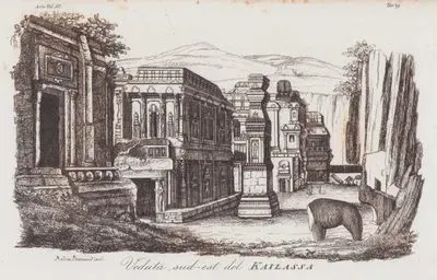 Veduta Sud-est Del Kailassa, Asia Vol.III. Tav.39. (South-East View of the Kailasa Temple, The Ellora Rock-cut Hindu Temple Caves, in Maharashtra, India)