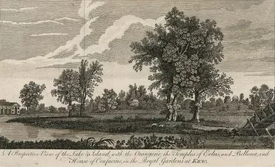 A Perspective Of The Lake & Island, With The Orangerie The Temples Of Eolus And Bellona And House Of Confucius In The Royal Gardens At Kew