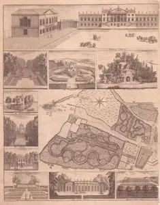 Plan and Views of Wanstead House and Park in the Borough of Redbridge, London (The Little Amphitheatre, The Fortifications, The Mounts in The Great Lake, The Gardener's House, The Mounts, The Water House, The Stove House, The Green House, The Great Stove House)
