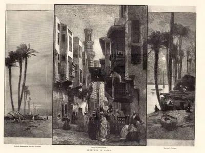 Sketches in Cairo- Bedonin Encampment Near The Pyramids, Street Of Geb El Almar, Boatmen's Cottages